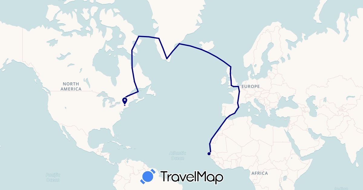 TravelMap itinerary: driving in Canada, Spain, France, United Kingdom, Greenland, Iceland, Morocco, Mauritania, Senegal, United States (Africa, Europe, North America)