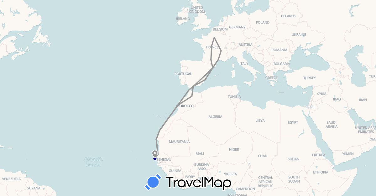 TravelMap itinerary: driving, plane in Spain, France, Morocco, Mauritania, Senegal (Africa, Europe)